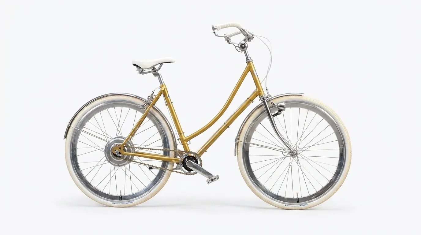 CENCI SORELLA in Gold: Stahlrahmen mit tiefem Einstieg, cremeweisse Reifen, polierte Alu-Schutzbleche und der Zehus-Nabenmotor im Hinterrad