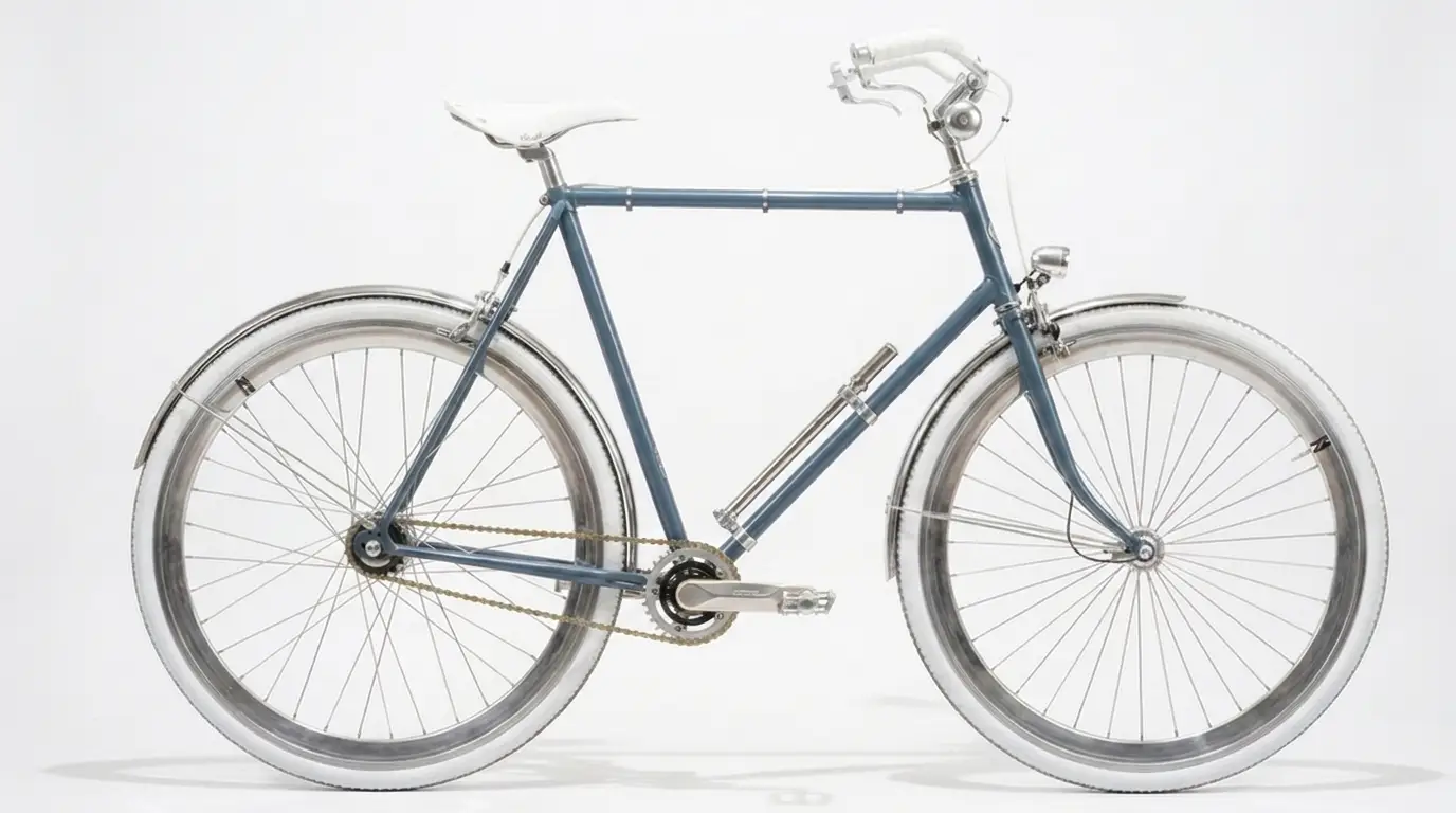 Klassisches Herrenrad mit blaugrauem Stahlrahmen, weissem Sattel und Weisswandreifen, ohne Elektroantrieb, Studioaufnahme von der Seite