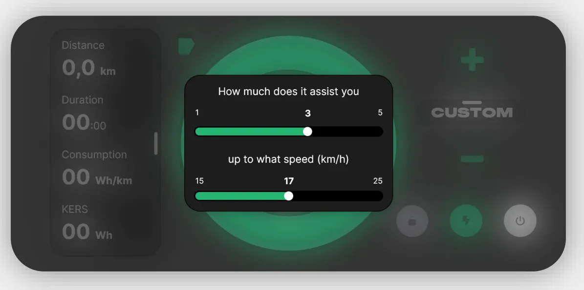 Einstellungen des Custom-Modus in der Zehus App: ein Regler für die Unterstützungsstärke von 1 bis 5, ein zweiter für das Tempo von 15 bis 25 km/h