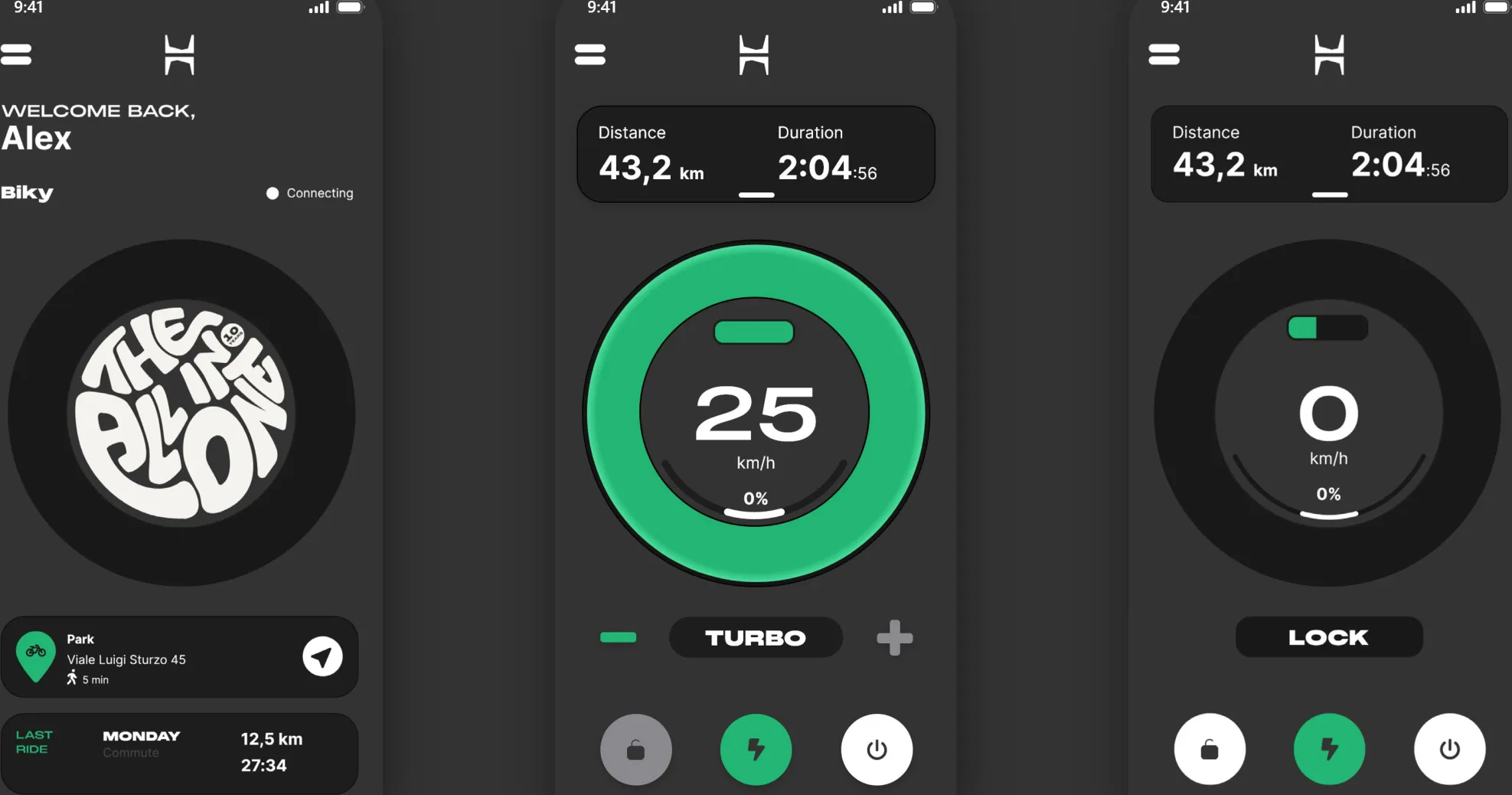 Drei Ansichten der Zehus App: Startbildschirm mit Abstellort und letzter Fahrt, Fahransicht mit Tacho und Turbo-Modus, sowie der gesperrte Zustand