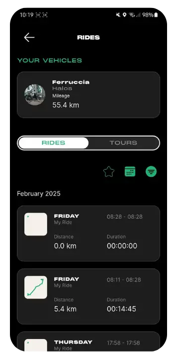 Das Fahrtenbuch der Zehus App: ein Halos mit 55,4 km Gesamtstrecke, darunter die einzelnen Fahrten mit Datum, Distanz und Dauer