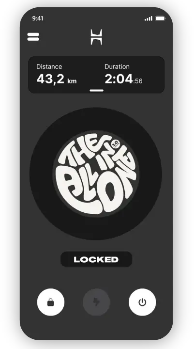 Die Zehus App im gesperrten Zustand: Statt des Tachos steht LOCKED auf dem Bildschirm, die Fahrtaste ist ausgegraut
