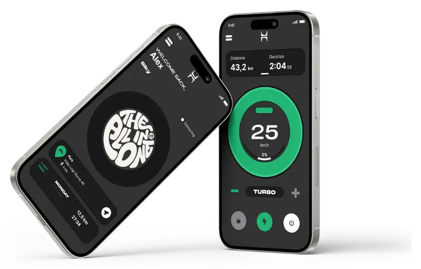 Die Zehus App auf zwei Smartphones: links die Startansicht mit dem zuletzt gefahrenen Weg, rechts das Fahr-Dashboard mit 25 km/h im Turbo-Modus
