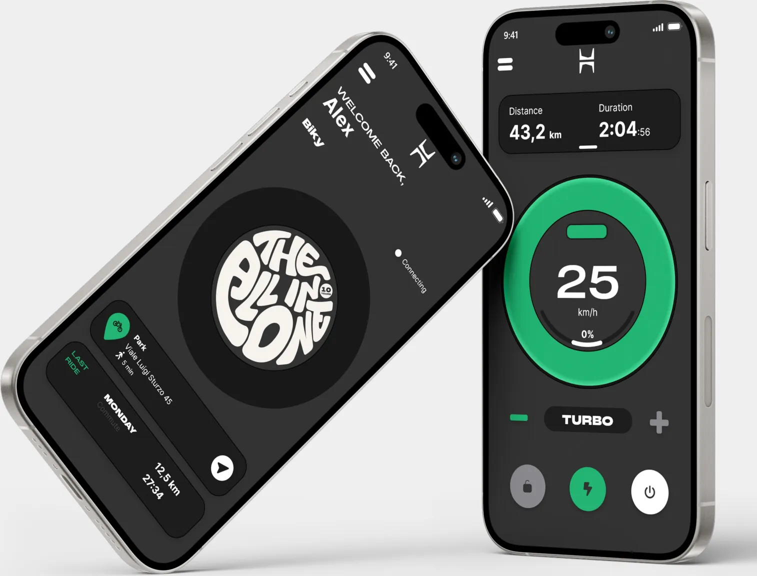 Die Zehus App auf zwei Smartphones: links die Startansicht mit dem zuletzt gefahrenen Weg, rechts das Fahr-Dashboard mit 25 km/h im Turbo-Modus