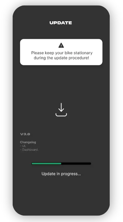 Firmware-Update in der Zehus App: ein Fortschrittsbalken, die Versionsnummer 3.0 und der Hinweis, das Velo während des Updates stillstehen zu lassen