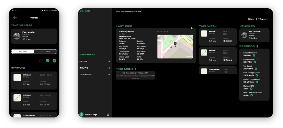 Die Zehus-Auswertung auf Smartphone und im Browser nebeneinander: links das Fahrtenbuch, rechts das Dashboard mit letzter Fahrt, Karte, Wochenübersicht und persönlichen Rekorden