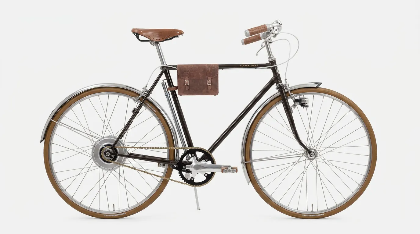 Klassisches Herrenrad mit Ledersattel, Rahmentasche und Zehus-Nabenmotor im Hinterrad